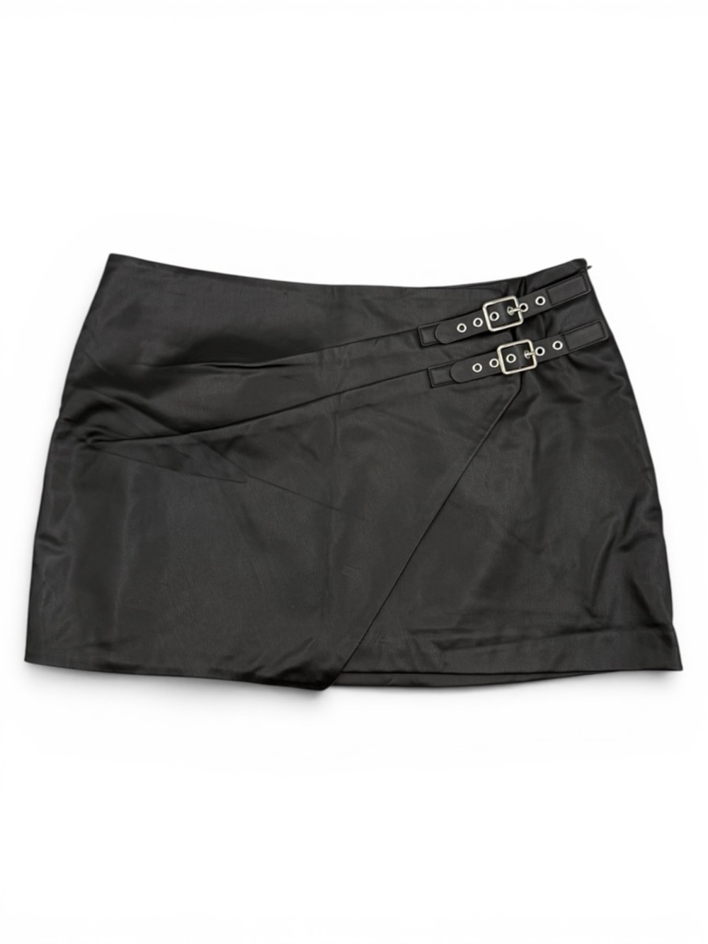 Zara Women's Black Faux-Leather A-Line Buckle Wrap Mini Skirt Size M